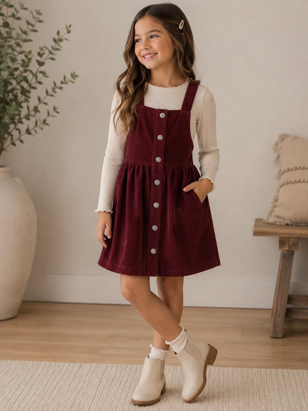 Cat & Jack Girls Corduroy Jumper Dress Burgundy Small (6/6X)
